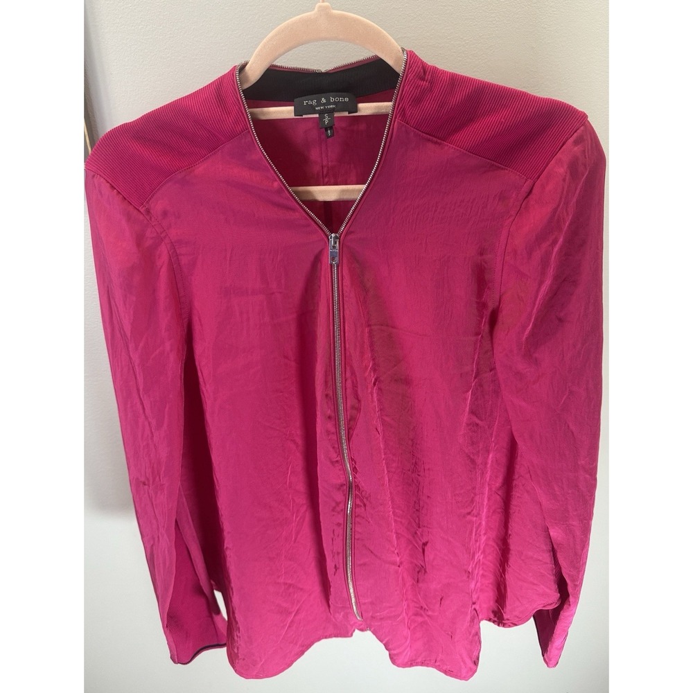 Rag & Bone Vanessa V-Neck Zipper Long Sleeve Blouse Top Size S Hot Pink Fuchsia